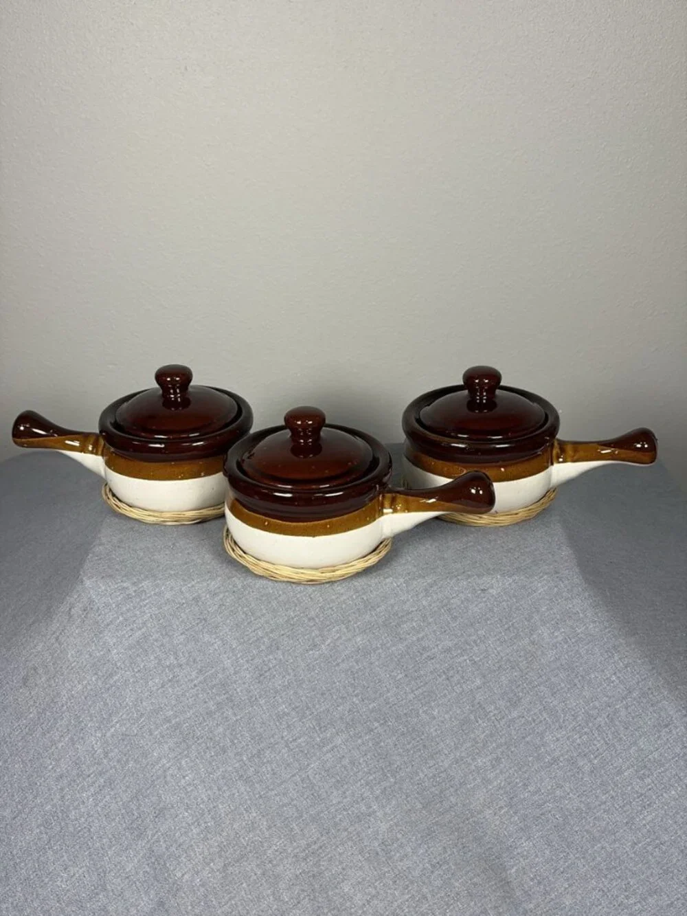 Vintage Set of 3 Stoneware French Onion Soup Crocks with Lids and Handles W/bask